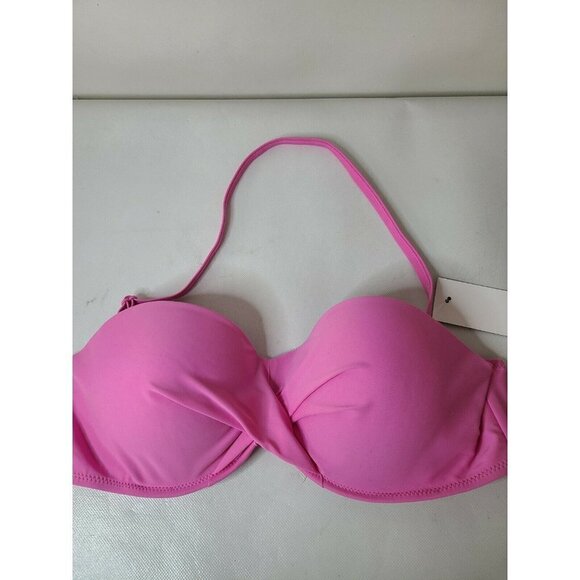 𝅺F&F Womens Pink Removable Strap Twist Swimwear Bandeau Bikini Top Bra Sz 36A - Picture 2 of 7